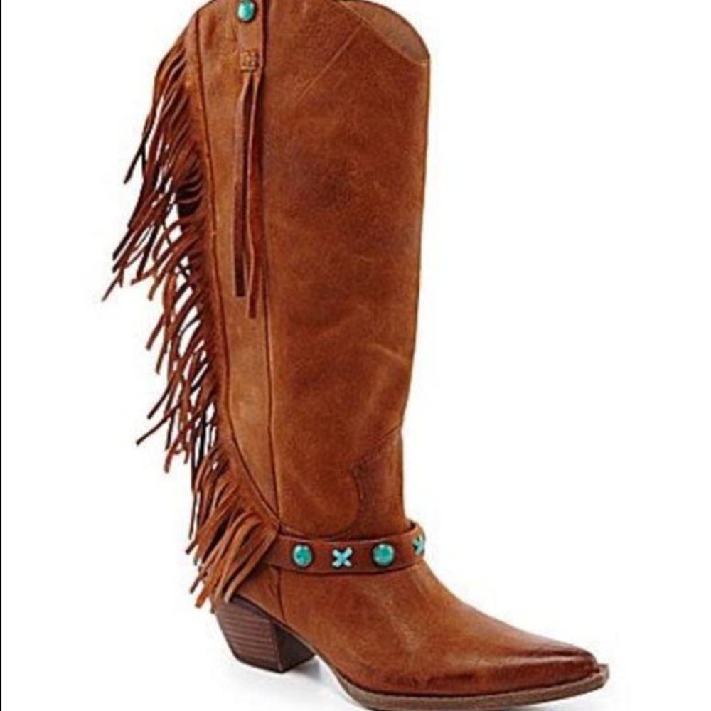 Reba Kylene Brown Leather Boots w Fringe Size 9.5